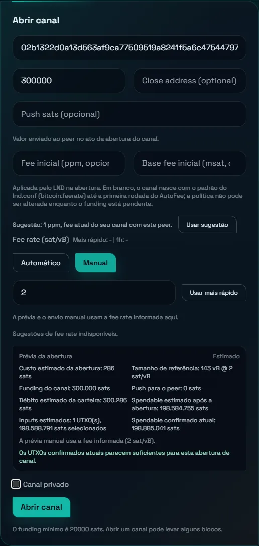 Formulário Abrir canal com a pubkey do Charlie, 300000 sats, fee rate manual de 2 sat/vB e a prévia da abertura calculada