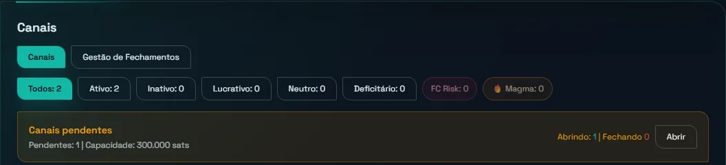 Quadro Canais com a faixa Canais pendentes: 1 pendente de 300.000 sats, Abrindo: 1