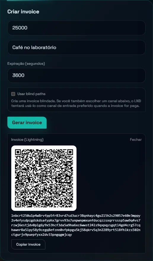 Cartão Criar invoice do Bob com 25000 sats, memo Café no laboratório, QR code e texto da invoice lnbcrt