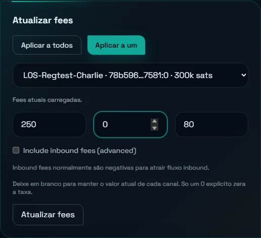 Quadro Atualizar fees com Aplicar a um, o canal de 300k com o Charlie selecionado, 250 ppm, base fee 0 e timelock 80