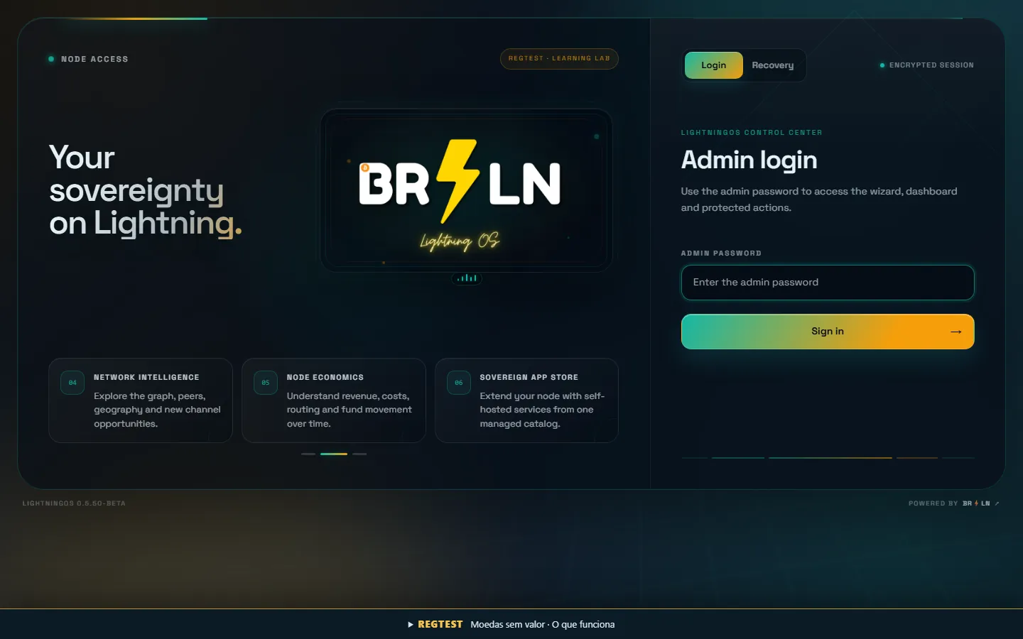 Tela de login do LightningOS com a faixa REGTEST, Moedas sem valor, no rodapé