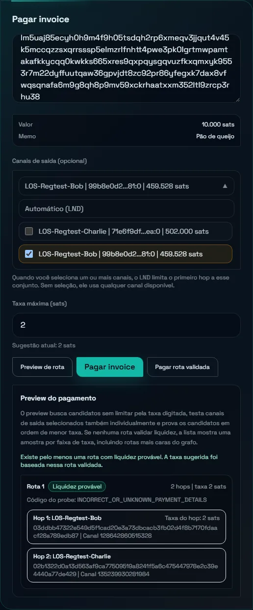 Preview de rota na Alice com o canal do Bob marcado como saída: rota de 2 hops, taxa de 2 sats, hop 1 LOS-Regtest-Bob e hop 2 LOS-Regtest-Charlie